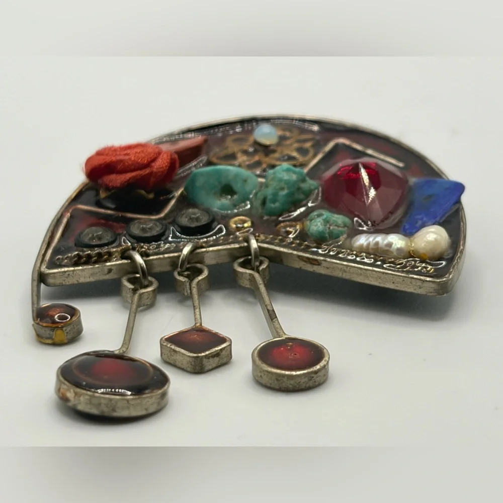 Vintage Artist Signed Handmade Mixed Media Boho Artsy Dangle Brooch Pin